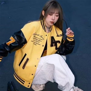 美式vibe字母刺绣棒球服男女春秋新款皮拼接外套情侣复古飞行夹克图片