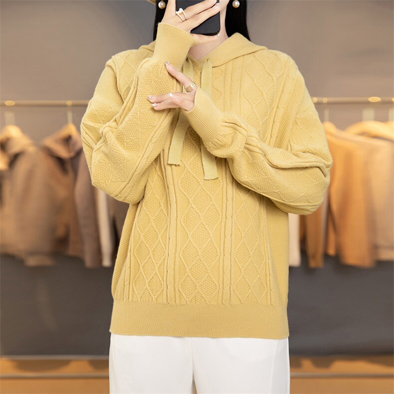 2025年秋季新款百搭女士长袖套头连帽衫,针织衫/毛衣,百色羊绒