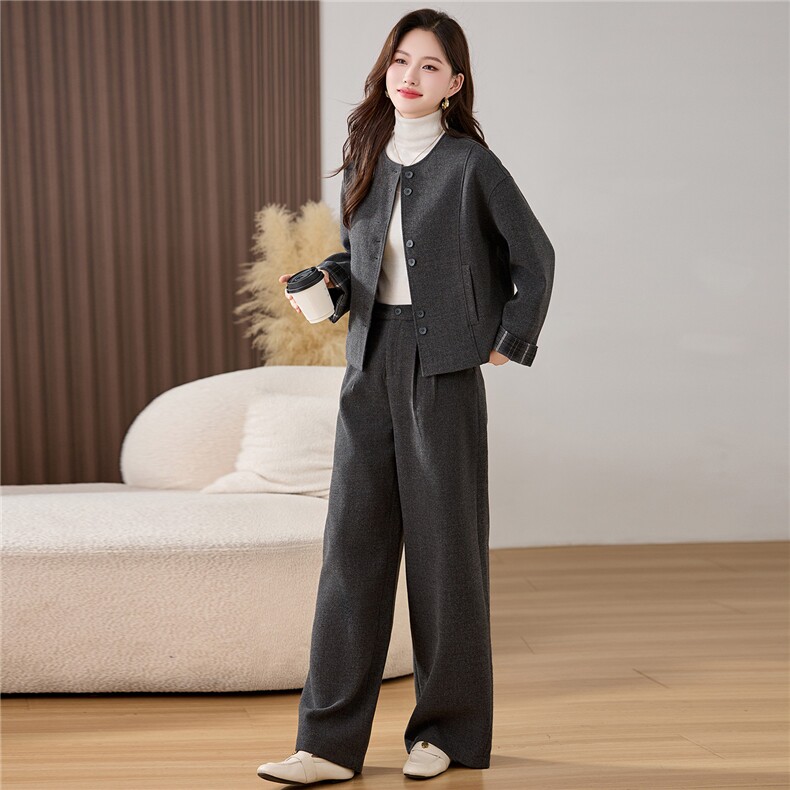 老钱风时尚气质毛呢套装女2026春新款宽松显瘦外套直筒裤两件套,女装套装/套裙,美沁