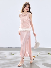 夏季新款现货！2026温柔风重工立体花卉马甲+珍珠吊带长裙套装女，女装套装/套裙，央宝儿