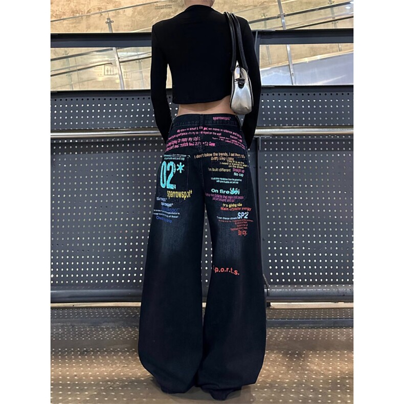 彩色字母标语阔腿牛仔裤女秋冬宽松街头休闲直筒拖地长裤N9048图片
