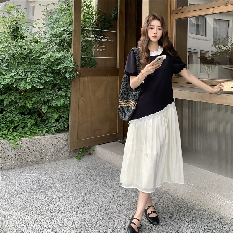 设计感撞色裙子2025夏季新款女时尚百搭显瘦圆领拼接荷叶边连衣裙,女装连衣裙,2C032