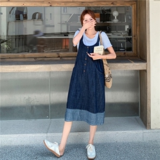 2025年新款夏季韩版简约T恤撞色牛仔背带裙套装女气质显瘦两件套，女装套装/套裙，慧尚2-185