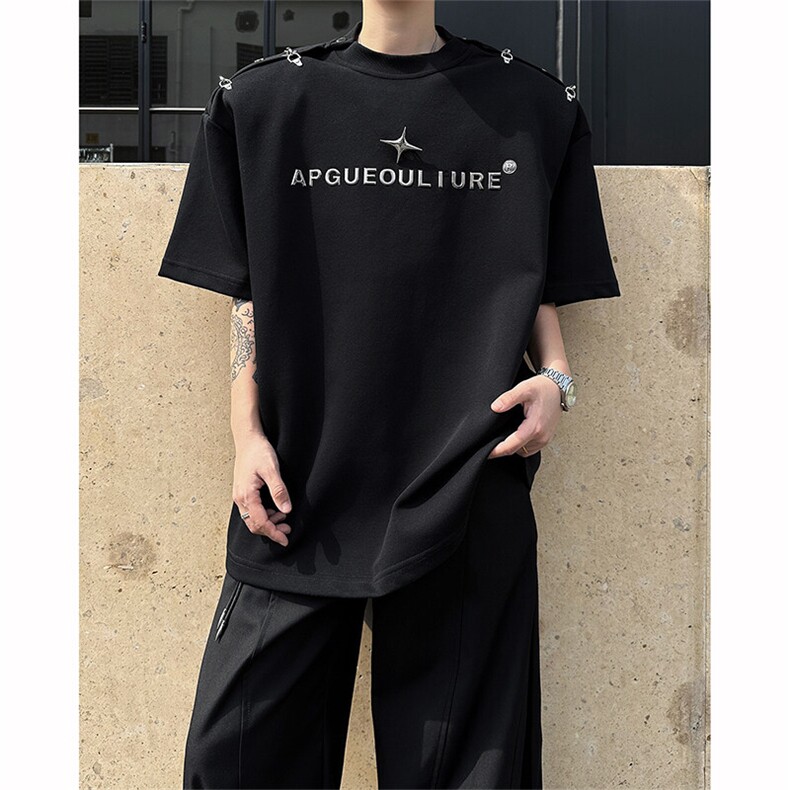 8XL-M夏季小众解构飞机扣一字肩设计稿短袖立体T恤卫衣男DX331P58,男装T恤,电商D206-1
