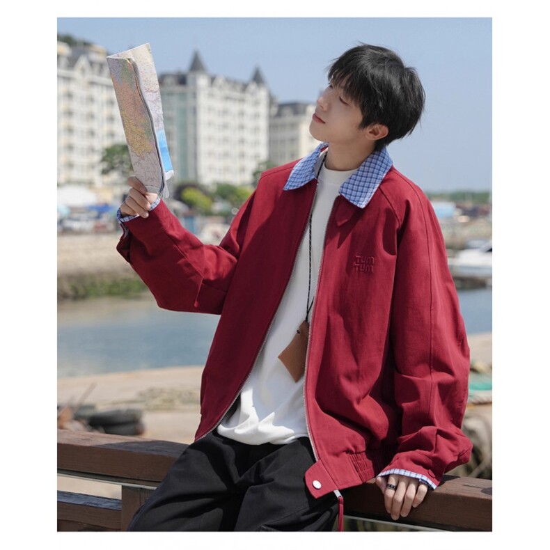 拼接格子假两件外套男日系覆古宽松翻领工装夹克513AJK2573P60,男装夹克,星座513A