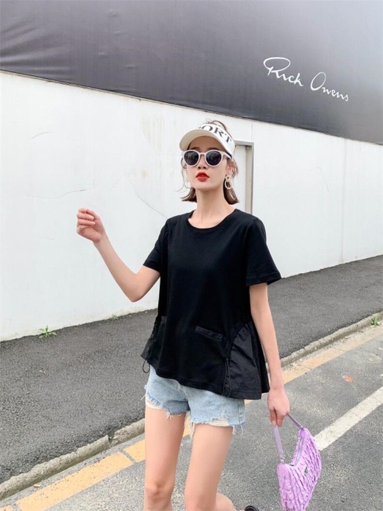 现货夏季新款短袖小衫两种面料拼接设计传统与时尚结合,女装,蜜思优沫