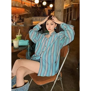 条纹撞色防晒衬衫女夏季中长款宽松bf慵懒风盐系休闲开衫衬衣外套图片