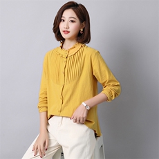 秋装木耳领衬衫女长袖韩版宽松百搭纯色前短后长百褶衬衣女上衣，女装衬衫，风姿绰