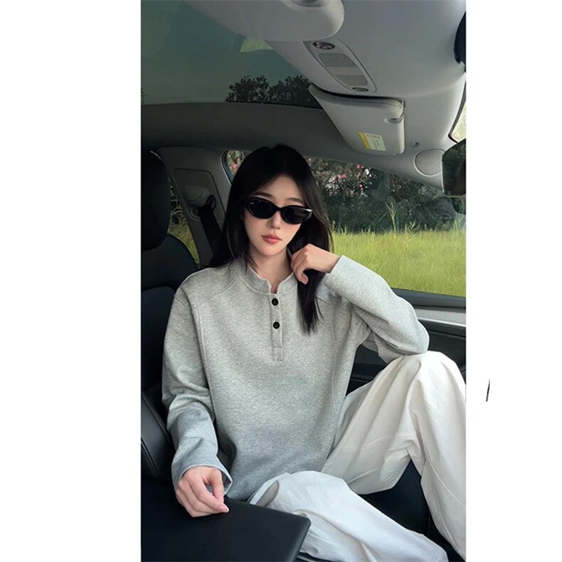 抖音得物品质美式高街重磅曼巴棉拼接cleanfit亨利领卫衣长袖T恤,男装T恤,电商A486-1