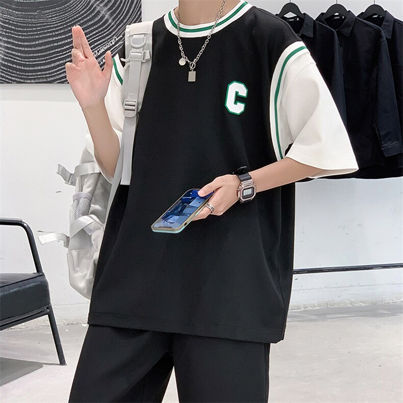 2025夏季华夫格套装男青少年两件套港风套装TZ227-P55,男装休闲套装,电商A062