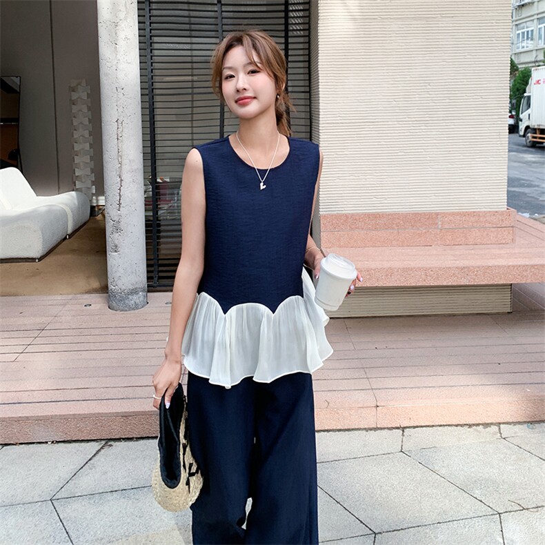 圆领拼接荷叶边背心+阔腿裤套装女2025夏季新款时尚百搭两件套潮,女装套装/套裙,2C301