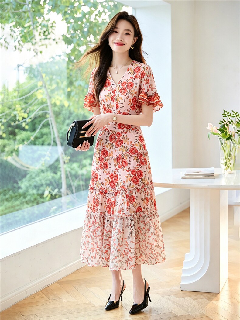 现货秒发2026夏装新款韩版碎花连衣裙大摆裙,女装连衣裙,妙形