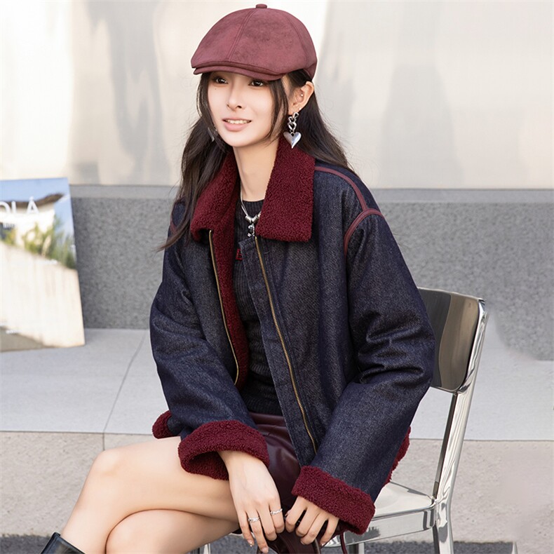 时尚拼接翻领加绒牛仔短外套女2024冬季新款小个子休闲羊羔毛棉服,女装牛仔外套,美拉德工厂直营店