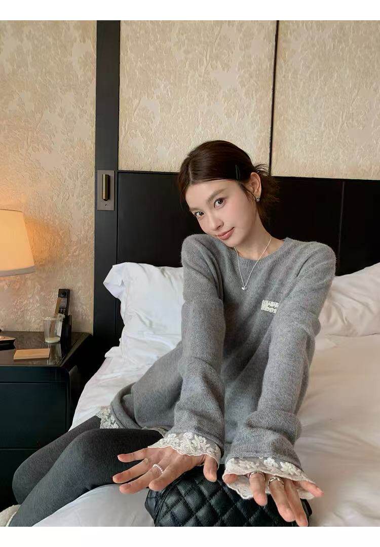 2025年秋季时尚百搭通勤简约休闲蕾丝中长款，女装羊毛衫，百纯羊绒