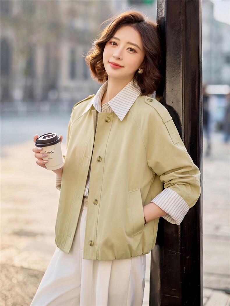 现货条纹拼接假两件休闲外套女春款2026新款时尚减龄洋气翻领夹克,女装短外套,涵誉