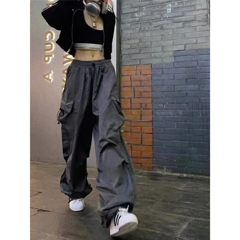 美式复古纯色嘻哈工装裤女直筒宽松高腰显瘦多口袋运动休闲裤子,男装工装外套,星座506A
