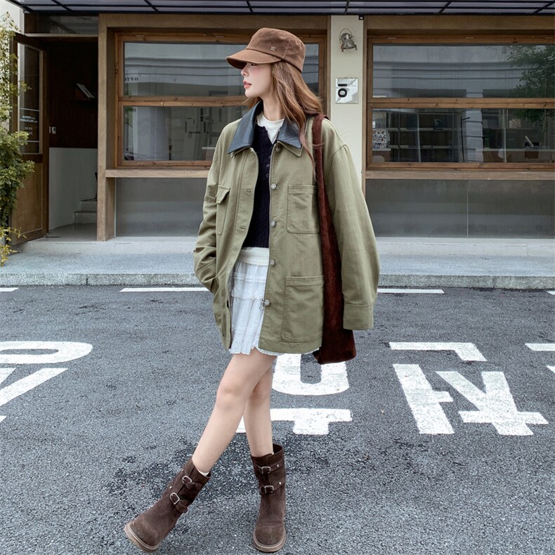 pu皮领军绿色工装风衣外套女春秋2025新款美式休闲夹克大衣港负图片
