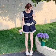 2025夏季新款时尚百搭蕾丝拼接牛仔上衣高腰显瘦短裤两件套套装女，女装套装/套裙，2C159