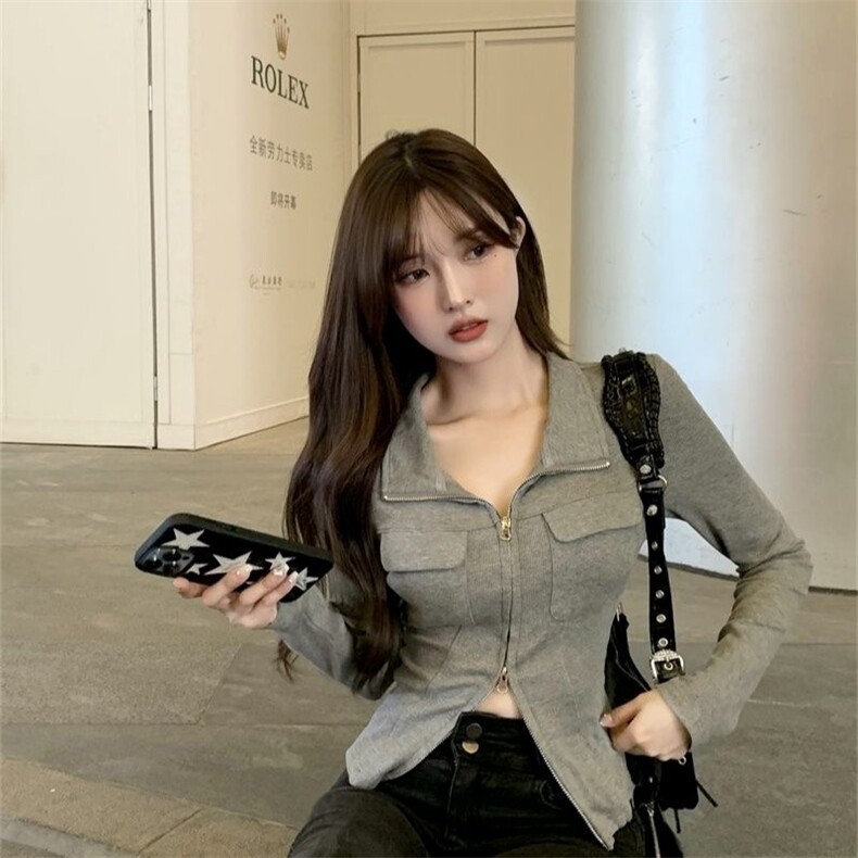 春秋季纯欲修身设计感小众拉链辣妹上衣女领显瘦气质长袖恤,男装卫衣,星座1210-1