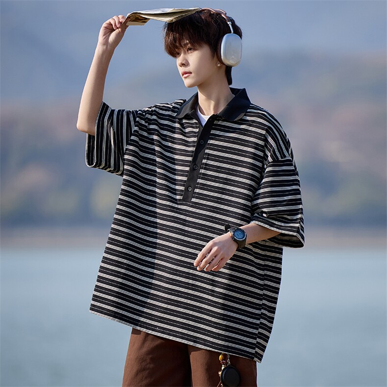 新款可二开港风大码短袖T恤条纹T恤polo衫男225-2-8801-P45控65，男装T恤，星座225-2