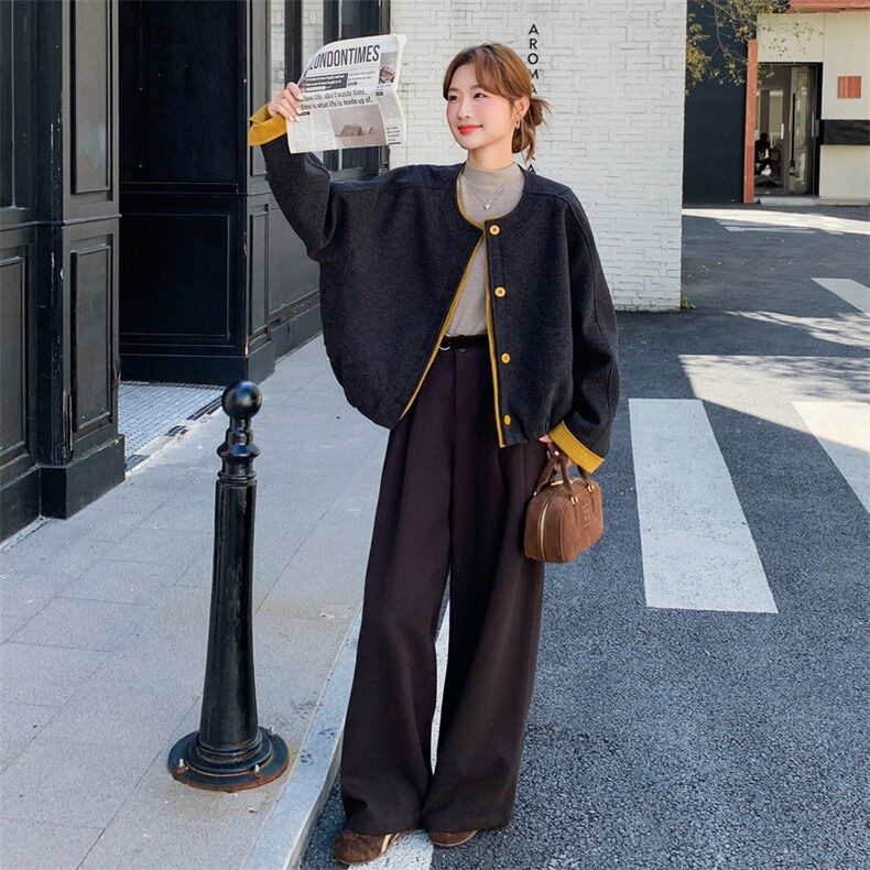 撞色拼接圆领毛呢外套女2025秋冬新款盐甜系宽松百搭小个子呢大衣,女装短外套,2C095