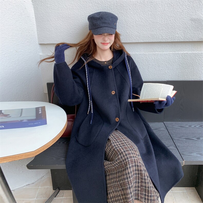 黑色学院风连帽呢大衣女2025冬季新款深灰色时尚高级感毛呢外套,女装毛呢外套,2D014