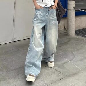 街头做旧抓痕水洗牛仔裤大码女复古直拖地筒阔腿裤潮AM7028 P52图片