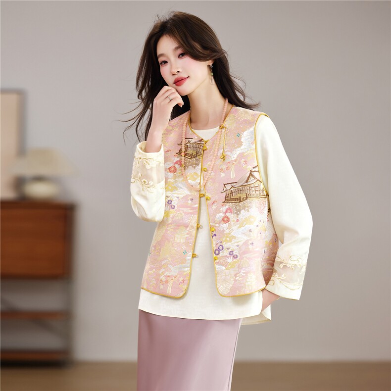 现货春季新款新中式洋气两面穿圆领马甲+刺绣衬衫打底两件套女，女装套装/套裙，宝儿家