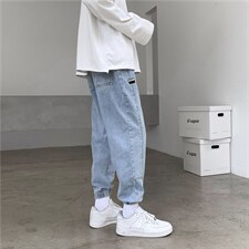 韩版贴布潮流松紧腰宽松哈伦束脚牛仔裤INS男休闲运动裤Q68，男装牛仔裤，星座302B