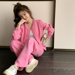 奶fufu粉色卫衣套装女2025春秋季新款设计感显瘦上衣阔腿裤两件套图片