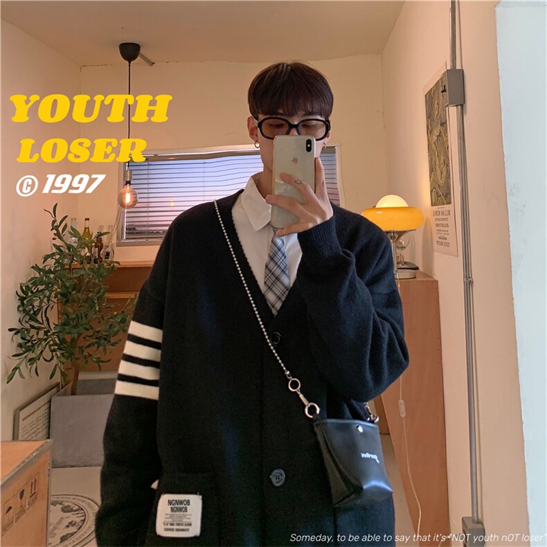 条纹开衫毛衣男秋季复古日系慵懒V领针织衫潮宽松外套M233-P43,男装针织衫/毛衣,星座512-4