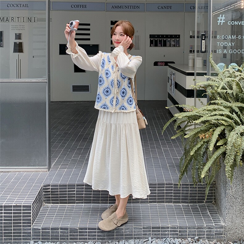 蓝色蕾丝针织马甲连衣裙两件套女春秋2025新款绝美流行超火两件套,女装套装/套裙,2C010