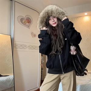 现货重磅boxy短款棉衣座山雕大毛毛领男女棉服水洗工装厚外套图片