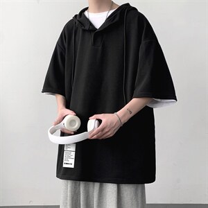 LD54045-P45 连帽短袖t恤男大码胖子带帽五分袖中袖 大皂风图片