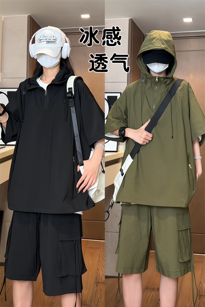量大优供视频泡泡纱夏款连帽套装短袖短裤男CP74TZ-特p60,男装休闲套装,电商B371