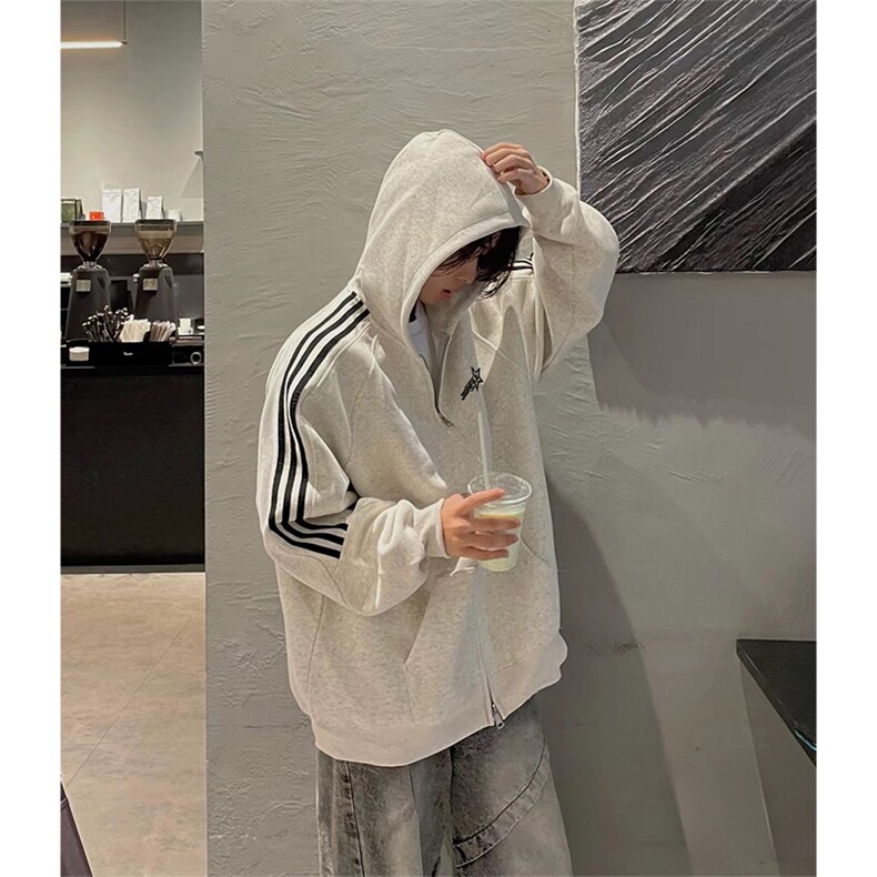 抖音得物25秋冬重磅全棉三条杠织带连帽卫衣开衫外套AW7101,女装短外套,电商A443