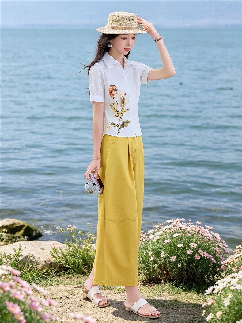 轻熟风时尚小翻领衬衫套装女2026夏气质印花上衣休闲裤两件套,女装套装/套裙,水衣源