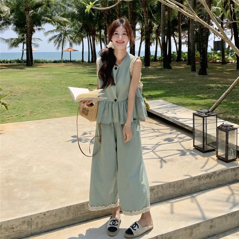 韩系花边拼接牛仔套装裤女薄款2025夏季新款马甲阔腿裤时尚两件套,女装套装/套裙,2D076