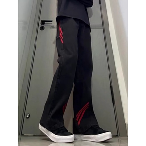 斜杠三条纹红黑撞色拼接休闲长裤子小众直筒牛仔裤K71306-P36网图图片