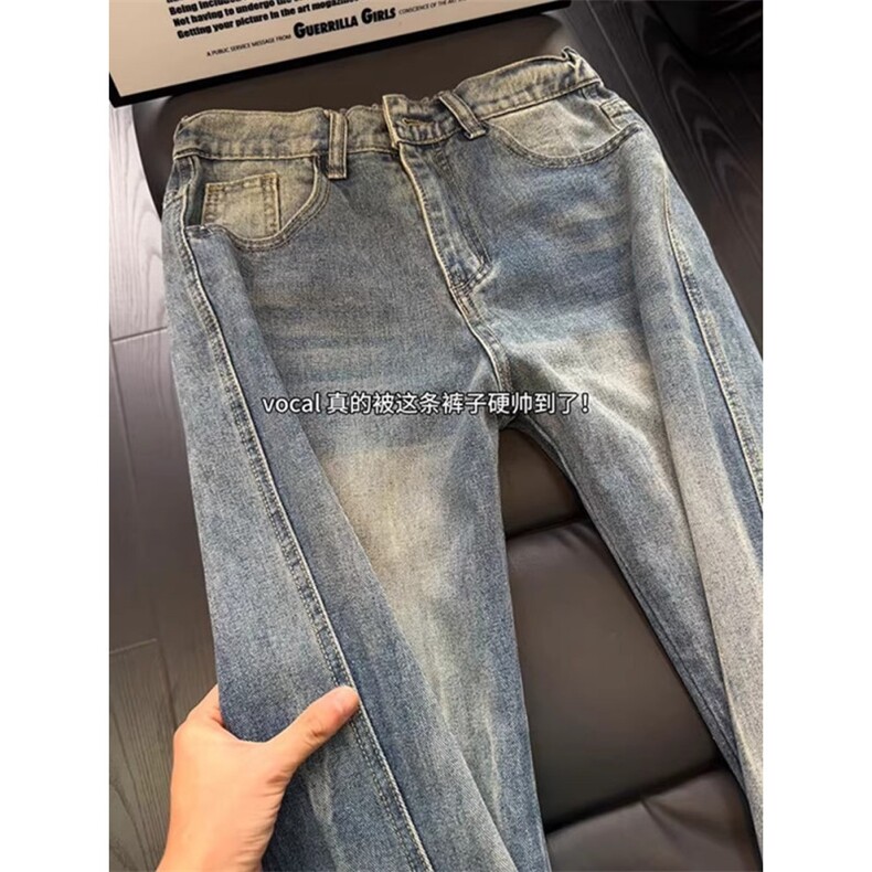 闪电纹斜切牛仔裤男女秋冬季高街微喇弯刀裤修身直筒高腰裤子,男装牛仔裤,星座410-6（原星座1304-1）