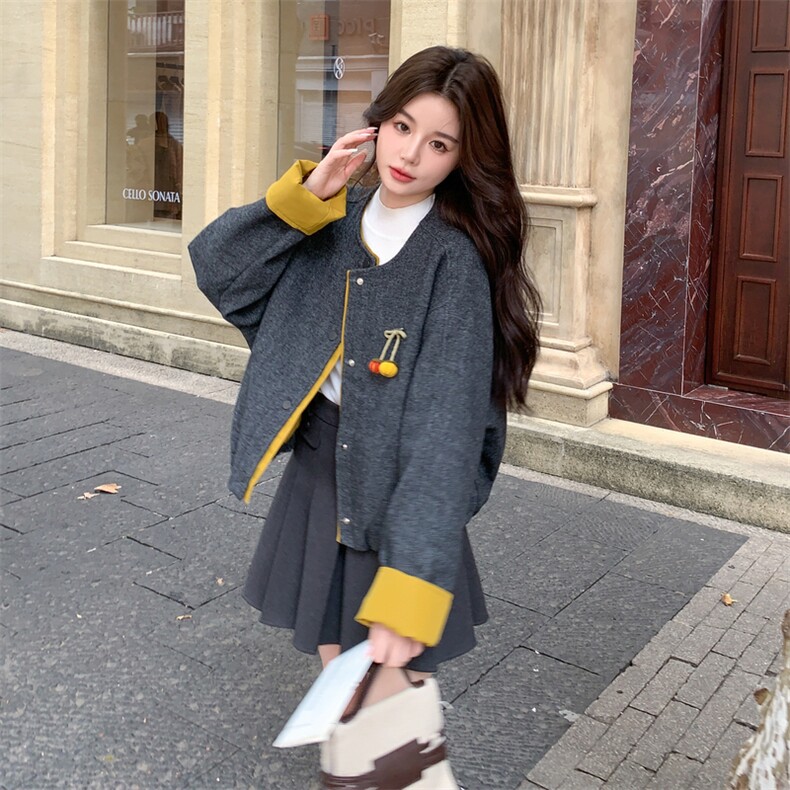 韩版撞色长袖拼色呢子外套女2025秋冬季新款宽松显瘦毛呢大衣上衣,女装短外套,2C129