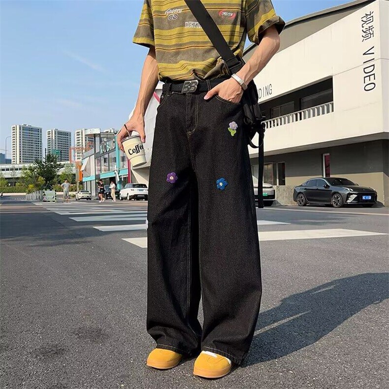 2026新款美式复古潮牌宽小花刺绣宽松直筒单宁水洗牛仔潮牌设计感,男装牛仔裤,星座601-1