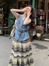 2026夏季显瘦气质牛仔马甲印花半身裙套装裙超好看穿搭一整套，女装套装/套裙，冬木谷雨