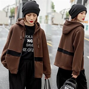 2020冬装新款时尚加绒连帽卫衣开衫外套,女装卫衣/绒衫,深水步