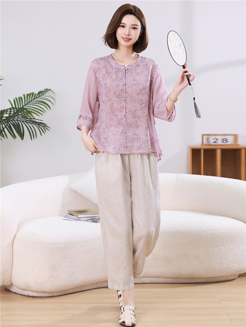 2026夏季新款碎花衬衫套装女夏季棉麻装减龄两件套阔腿裤,女装套装/套裙,忆绮罗