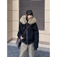 现货重磅boxy短款棉衣座山雕大毛毛领男女棉服水洗工装厚外套，男装棉衣，电商A486-1