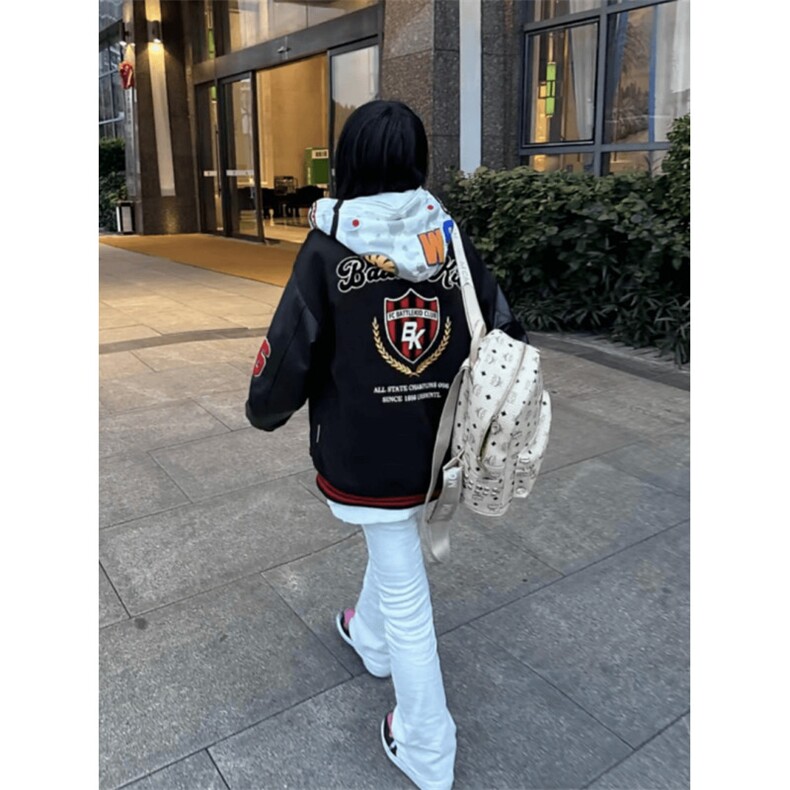 潮高街徽章刺绣pu皮拼接夹克男女青少年学生百搭潮流棒球服外套,男装夹克,四季星座505