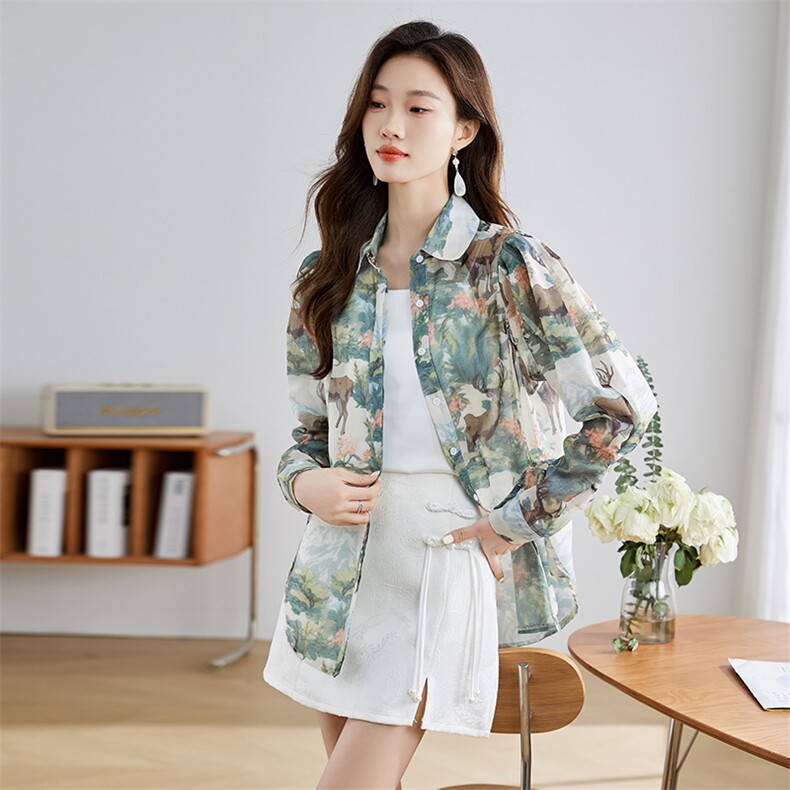 现货新款2024年夏装水墨画印花天丝衬衣防晒上衣,女装衬衫,采品优优