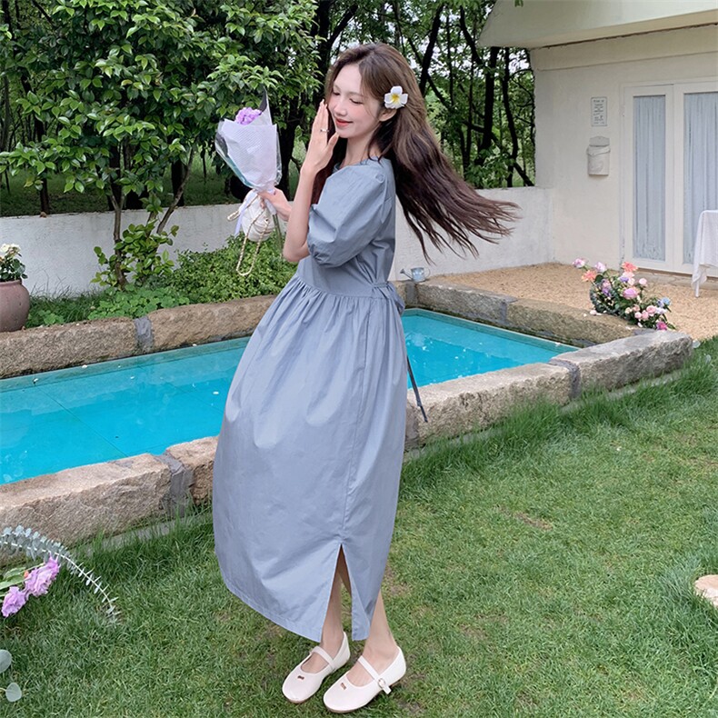 甜美少女风粉色泡泡袖连衣裙女夏季2025新款韩系氛围感显瘦a字裙,女装连衣裙,2C159