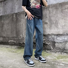 拼接水洗牛仔裤男款秋季潮牌设计感痞帅宽松阔腿长裤N770，男装牛仔裤，星座1116A-1（原606A）